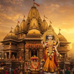 A majestic, ancient temple structure with golden spires emerging from Mumbai's urban landscape during sunrise, illuminated by warm golden light. The temple's ornate architecture features intricate Maharashtrian-style carvings and traditional motifs in deep maroon and saffron colors. A beautiful idol of Goddess Mumba Devi in traditional yellow silk saree adorned with gold jewelry and a crown, holding a silver kalash in her right hand and blessing mudra in left hand, radiates divine energy through a soft ethereal glow. The temple entrance shows devotees in colorful traditional attire carrying flower offerings. The foreground features lit brass diyas, fresh marigold and lotus garlands. The background seamlessly blends modern Mumbai skyline with traditional temple architecture. Art style combines classical Indian temple architecture with contemporary digital art techniques, featuring rich colors like deep gold, saffron, and peacock blue. The scene is enhanced with floating mandala patterns, subtle incense smoke, and morning sun rays creating a mystical atmosphere.