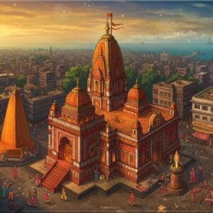 An aerial view of the iconic Mumba Devi Temple complex with its distinctive orange-red dome and golden spire, emerging from a bustling urban landscape in Mumbai's Zaveri Bazaar area. The temple glows with divine light in Madhubani art style, decorated with intricate patterns and traditional motifs. Around the temple, detailed miniature illustrations show devotees in colorful Indian attire walking through narrow market lanes. A stylized golden compass rose blooms in one corner, while ethereal mandalas float in the sky, casting a soft, spiritual glow. The scene includes delicate line work showing connecting roads and landmarks in a mystical map-like pattern, rendered in deep indigo and gold. Floating lotus flowers mark key locations, with the Arabian Sea visible in the background in peaceful turquoise tones. The overall composition combines traditional Indian art elements with modern digital aesthetics, using a color palette of saffron, maroon, gold, and peacock blue. The scene is illuminated with warm, divine lighting creating a serene yet vibrant atmosphere.