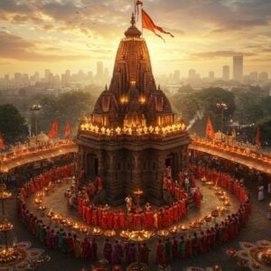 A majestic aerial view of Mumbai's Mumba Devi Temple during golden hour, featuring its distinctive pyramidal spire adorned with intricate Marathi architectural details and golden flags. The temple glows with warm saffron lights and hundreds of oil lamps. Devotees in colorful traditional Maharashtra attire queue in a harmonious spiral pattern around the temple. The scene is enhanced by floating lotus flowers, delicate smoke trails from incense, and ethereal golden light rays piercing through clouds. The temple's entrance features ornate carved wooden doors with brass bells. The background showcases Mumbai's modern skyline in a dreamy, soft focus. The foreground includes detailed Maharashtrian rangoli patterns made with flowers and diyas. The art style combines hyperrealistic architectural details with mystical elements, incorporating both Marathi temple architecture and contemporary digital art techniques. The color palette emphasizes deep maroons, saffron, gold, and peacock blue with subtle touches of pink and purple in the sky.