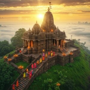 A mystical aerial view of Mumbra Devi Temple perched atop a lush green hill, illuminated by golden sunrise rays piercing through misty clouds. The ancient stone temple architecture features intricate Maratha-style carvings, with a soaring shikhara adorned with traditional bells. In the foreground, a winding stone stairway leads upward, where devotees in colorful traditional Maharashtra attire climb devotedly. The temple courtyard shows spiritual activities with lit diyas and floating marigold flowers. The scene is enhanced with ethereal elements like floating lotus petals, glowing mandalas, and soft peacock blue and saffron auras. Divine rays of light emanate from the temple's sanctum, creating a heavenly atmosphere. The surrounding landscape reveals glimpses of the Arabian Sea and modern Mumbai skyline in the distance, creating a perfect blend of ancient spirituality and contemporary setting. Art style combines traditional Pattachitra patterns in the sky with modern digital art techniques, rendered in rich colors of gold, deep maroon, and sacred saffron, with a dreamy, surreal quality.