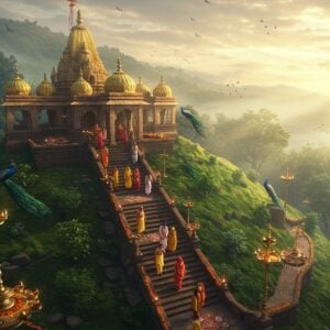 A majestic aerial view of Mumbra Devi Temple perched atop a verdant hill, illuminated by golden morning sunlight breaking through misty clouds. Stone steps carved into the hillside wind upward in a serpentine pattern, adorned with traditional Indian rangoli patterns and marigold flowers. In the foreground, a diverse group of Indian pilgrims in traditional attire (colorful sarees and kurtas) ascend the steps. The temple architecture features intricate Maharashtrian-style carved stone work with gold-painted domes and spires. Glowing diyas line the pathway, creating a warm ambiance. Sacred bells and brass lamps hang from decorative archways. The scene combines photorealistic details with ethereal lighting effects, showing both the physical journey and spiritual significance. Several peacocks perch on the temple walls, adding a touch of divine grace. The color palette emphasizes deep maroons, saffron yellows, and peaceful morning blues, with hints of gold leaf accents. The art style merges traditional Maharashtrian temple architecture with modern digital painting techniques, creating a serene yet powerful composition. Soft lens flares and morning mist add depth and mysticism to the scene.