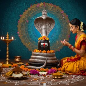 A serene Indian woman in a rich silk yellow and red saree performing puja in front of an ornate silver cobra idol adorned with flowers and vermillion. The cobra is coiled gracefully around a black Shiva lingam, decorated with marigold garlands and lotus flowers. In the background, a large intricate mandala in peacock blue and gold features traditional Nag Panchami symbols including intertwined serpents and sacred yantra patterns. Soft diyas illuminate the scene with a warm golden glow. Milk and turmeric offerings in traditional copper vessels are placed nearby. The art style combines Madhubani patterns in the borders with modern digital aesthetics, featuring rich jewel tones. Floating lotus petals and delicate smoke from incense create a mystical atmosphere. The lighting emphasizes the metallic elements while maintaining a spiritual ambiance. The woman's hands are positioned in traditional mudras, wearing alta and bangles, with her hair adorned with jasmine flowers. Geometric kolam patterns in white decorate the floor, incorporating snake motifs.