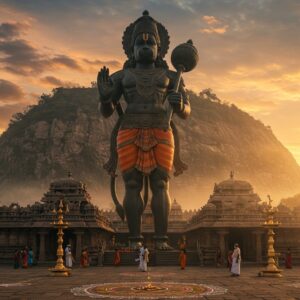 A majestic 18-foot tall Lord Hanuman statue carved in black stone, standing in a powerful tribhanga pose against the dramatic backdrop of the Namakkal fort hill during sunrise. The deity is depicted with his right hand raised in blessing, left hand holding the Sanjeevani mountain, muscular physique adorned with golden ornaments and a flowing orange dhoti. The temple architecture features intricate Dravidian style details with carved pillars and gopuram visible in the background. Soft morning mist surrounds the base of the hill, with golden rays of sunlight creating a divine aura around the statue. Small groups of devotees in traditional Tamil attire are seen offering prayers. Detailed mandala patterns and traditional kolam designs decorate the foreground. The scene combines photorealistic textures with ethereal lighting effects, emphasizing both the historical significance and spiritual atmosphere. The color palette includes deep oranges, earthy browns, and celestial blues with touches of gold.