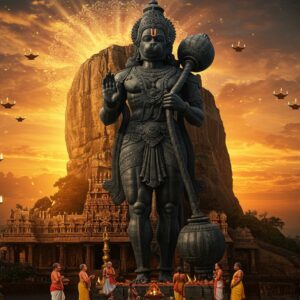 A majestic 18-foot tall standing Hanuman statue carved in black stone, positioned in a dynamic pose with his right hand raised in blessing and left hand holding the Gada (mace). The deity wears traditional ornaments, a crown adorned with bells, and has his tail curved upward. Behind him rises the dramatic Namakkal rock fort in warm sunset lighting, with intricate South Indian temple architecture visible at its base. The scene is enhanced with swirling golden mandalas and Madhubani-style decorative patterns in the sky. Orange and red marigold garlands frame the composition, while floating diyas with soft glowing flames create a mystical atmosphere. The color palette focuses on deep oranges, blacks, and golds with accents of vermillion. Ethereal rays of divine light illuminate the statue from above, casting dramatic shadows. Small devotees in traditional Tamil attire are shown offering prayers at the base, providing scale reference. The art style combines hyperrealistic textures with spiritual Indian art elements, creating a serene yet powerful atmosphere.