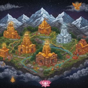 A detailed map of Uttarakhand's sacred Char Dham temples floating in a mystical space, rendered in traditional Madhubani art style with modern digital aesthetics. The four temples - Badrinath, Kedarnath, Gangotri, and Yamunotri - are intricately illustrated as golden sacred shrines, each emitting a divine aura in different colors (saffron for Badrinath, ice-blue for Kedarnath, emerald for Gangotri, and deep blue for Yamunotri). Mountain paths connecting the temples are depicted as flowing golden threads, decorated with miniature pilgrims in traditional Indian attire walking along them. The Himalayas form a majestic backdrop, with snow-capped peaks rendered in peacock blue and white. Sacred rivers Ganga and Yamuna flow as ribbons of luminescent water. The scene is adorned with floating lotus flowers, glowing mandalas, and traditional yantras. Clouds shaped like divine vehicles - Garuda, Nandi, and celestial chariots - drift across the ethereal sky. The lighting creates a supernatural atmosphere with soft golden rays illuminating the sacred geography, while small details like prayer flags, temple bells, and sacred symbols add depth and authenticity. The overall composition should appear as a spiritual navigation chart floating in cosmic space.