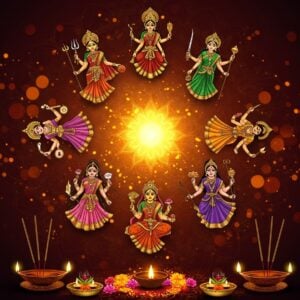 A mesmerizing digital illustration showcasing nine Indian goddesses in a circular formation, each representing a night of Navratri. The goddesses are depicted in vibrant, flowing traditional attire with intricate gold embellishments. At the center, a radiant golden lotus unfolds, emanating divine light. Each goddess holds her signature weapon or symbol, rendered in a modern, stylized manner. The background features a swirling mandala pattern in deep maroon and saffron, interspersed with delicate Madhubani-inspired motifs. Soft, glowing orbs of light float around the goddesses, creating an ethereal atmosphere. The color palette transitions from deep, rich hues at the edges to softer, pastel tones towards the center, symbolizing the journey through the nine nights. In the foreground, an array of pooja items like diyas, flowers, and incense sticks are arranged artistically, merging traditional elements with contemporary design. The overall composition exudes a sense of power, femininity, and spiritual energy, capturing the essence of Navratri in a visually stunning and modern aesthetic.