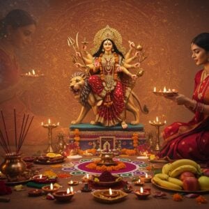 A vibrant, ethereal scene depicting a modern Indian home's puja room during Navratri. In the center, a beautifully adorned altar with a resplendent golden idol of Goddess Durga, her ten arms holding various weapons, riding a majestic lion. Around the altar, an array of essential puja items: a gleaming copper kalash, colorful flowers, incense sticks emitting wisps of fragrant smoke, and a tray of fresh fruits. Soft, glowing diyas illuminate the space, casting a warm, inviting light. In the foreground, a young Indian woman in a rich maroon and gold saree performs aarti, her face serene and focused. Behind her, ghostly, translucent figures of other devotees chanting mantras, their voices visualized as shimmering, golden Sanskrit letters floating in the air. The background features a large, intricate rangoli design in vibrant colors, merging traditional patterns with modern, geometric elements. The overall atmosphere is a blend of tradition and contemporary aesthetics, with a dreamy, surreal quality enhanced by a soft focus and ethereal lighting. The color palette emphasizes deep reds, golds, and vibrant oranges, with accents of peacock blue and emerald green.