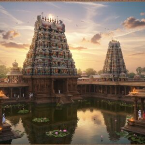 A majestic aerial view of the Nellaiappar Temple complex during golden hour, with its towering gopurams decorated with intricate Dravidian sculptures in vibrant colors of gold, saffron, and deep blue. The main gopuram rises dramatically against a mystical sky filled with soft pastel clouds and gentle rays of sunlight. In the foreground, a serene temple tank reflects the architecture perfectly, surrounded by blooming lotus flowers. Traditional Tamil Nadu-style stone mandapams with detailed pillars frame the scene. Indian devotees in traditional attire (men in white veshtis and women in silk sarees) are shown walking through the temple courtyards. The lighting creates a divine atmosphere with warm golden light hitting the temple spires while cool shadows add depth to the architectural details. The scene incorporates both photorealistic architecture and ethereal elements like glowing diyas, floating flower petals, and subtle mandala patterns in the sky. The style merges traditional Dravidian temple architecture with modern digital art techniques, emphasizing the grandeur and spiritual essence of the temple. The composition includes delicate touches of Madhubani-style decorative elements in the borders of the scene.