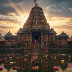 A majestic ancient stone temple with intricate Kalinga architecture rising against a mystical twilight sky, its spire adorned with detailed carved figures of deities and celestial beings. The temple's facade features elaborate bas-reliefs depicting scenes from Hindu mythology in Madhubani art style. The entrance is flanked by two massive stone lions with golden accents. In the foreground, a serene water body reflects the temple's image, surrounded by blooming lotus flowers in soft pink and white. Floating diyas and flower petals create golden ripples on the water's surface. The scene is illuminated by warm, ethereal light, with subtle rays of sunlight breaking through clouds, creating a divine atmosphere. Multiple levels of the temple are visible, each showing detailed stone carvings in traditional Odisha temple architecture style. The color palette includes deep blues, rich golds, warm sandstone, and touches of saffron. Sacred threads and bells hang from the temple entrance, swaying gently. A few devotees in traditional Indian attire are seen climbing the ancient stone steps, their silhouettes creating a sense of scale. Intricate mandala patterns and peacock motifs are subtly integrated into the temple's design, merging traditional and contemporary artistic elements. The entire scene is rendered in a dreamy, photorealistic style with magical lighting effects.