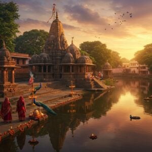 A serene aerial view of Nira Narsingpur temple complex nestled along the meandering Nira River, captured during golden hour. The main temple's ornate spire reflects in the calm river waters, creating a mirror-like effect. Traditional Maharashtrian architecture with intricate stone carvings merges with lush green surroundings. In the foreground, two Indian pilgrims in traditional attire (a woman in maroon silk saree and a man in white kurta) walk along a stone-paved path lined with ancient banyan trees. Floating diyas and marigold flowers dot the riverbank. The sky features warm orange and purple hues with soft clouds, creating a mystical atmosphere. Several peacocks perch on temple walls, while incense smoke creates ethereal swirls in the air. Art style combines hyperrealistic digital photography with Pattachitra-inspired decorative elements, featuring rich colors of deep maroon, saffron, and peacock blue. Soft glowing halos around the temple spires suggest divine presence, while detailed Maharashtrian architectural motifs maintain cultural authenticity.