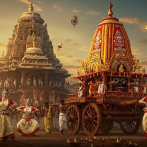 A majestic scene of the Jagannath Rath Yatra in Puri, featuring the ornate chariot with intricate Odiya architectural details, adorned with red and yellow fabric, golden embellishments, and massive wooden wheels. In the foreground, a group of Odissi dancers in traditional cream and maroon silk sarees perform graceful mudras, their jewelry gleaming in the golden twilight. The background showcases the grand Puri temple spire with detailed Kalinga architecture. Floating elements include colorful patachitra-style motifs of Krishna's leelas, swirling marigold flowers, and conch shells. The scene is illuminated by traditional brass diyas creating a divine atmosphere with soft smoke trails. Multiple devotees in traditional Odiya attire pulling the chariot ropes while others wave chamara fans. The color palette features deep maroons, mustard yellows, royal blues, and gold accents. The art style combines hyperrealistic digital rendering with traditional Odiya pattachitra patterns, creating a surreal yet authentic atmosphere. Soft bokeh effects and ethereal lighting enhance the spiritual mood.