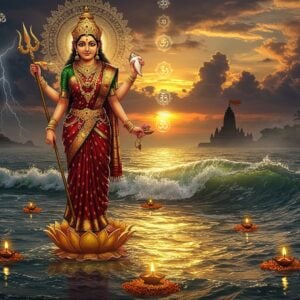 A majestic Indian goddess Maa Ramachandi, adorned in a deep red and gold silk saree, standing gracefully on a golden lotus in the middle of the turbulent Bay of Bengal. Her four arms hold a trident, a conch shell, a lotus, and the fourth in blessing mudra. She wears traditional Odishan temple jewelry with intricate filigree work. Her serene face radiates divine light, surrounded by a mandala-like halo in peacock blue and gold. The ocean around her shows dramatic waves with foam-crested peaks, while floating diyas and marigold flowers dot the water surface. The sky features dramatic storm clouds with hints of sunset colors - deep oranges and purples. In the background, a traditional Odisha temple silhouette emerges from misty coastal palm trees. Sacred chakra symbols and yantra patterns float ethereally in the air. The scene is illuminated by both moonlight and divine aura, creating a mystical atmosphere. The art style combines traditional Pattachitra patterns with modern digital painting techniques, emphasizing rich textures and luminous effects. The water reflects golden light patterns, creating a mesmerizing interplay of light and shadow.