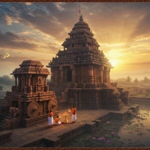 A majestic aerial view of the Konark Sun Temple emerging from morning mist, with intricate chariot wheels in the foreground casting dramatic shadows. The temple's architecture features detailed Kalinga-style carvings in warm sandstone colors. A group of three Indian devotees in traditional Odishan attire (white and saffron) performing morning rituals with brass lamps. Surrounding the temple are blooming lotus ponds reflecting golden sunlight. The sky features a mystical blend of dawn colors - deep indigo transitioning to orange and gold, with ethereal light rays piercing through clouds. Sacred symbols like the Ashoka Chakra and Om float as luminescent forms in the misty atmosphere. The scene is adorned with traditional Pattachitra-style border patterns in deep maroon and gold. Photorealistic digital art style with dramatic lighting emphasizing the temple's grandeur, merged with traditional Odishan art elements. The overall composition suggests both historical magnificence and living spirituality.