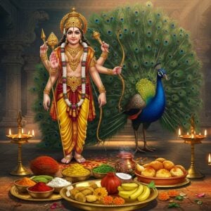 A majestic Lord Murugan standing in a dynamic pose, 6 hands holding vel (spear), rooster flag, vajra, shield, bow and arrow, wearing vibrant peacock-feather crown and golden armor. His peacock mount stands regally beside him with spread feathers in iridescent blues and greens. The foreground displays a beautifully arranged traditional puja thali with vermillion kumkum, yellow turmeric powder, fresh yellow flowers, ripe yellow bananas, sweet modak, coconuts decorated with marigold garlands, and burning brass oil lamps with golden flames. Background features an ethereal temple sanctum with intricate Dravidian architecture, softly illuminated by morning sunlight. Mandala patterns and peacock motifs adorn the walls in gold and deep blues. Wisps of sacred smoke from camphor and incense create a mystical atmosphere. Art style combines traditional South Indian temple art with modern digital fantasy aesthetics, emphasis on rich golds, deep crimsons, and peacock blues. Hyperrealistic detailing with divine aura and soft ethereal lighting.