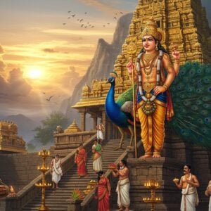 A majestic view of Lord Murugan standing atop Palani hill during dawn, his six hands holding vel (spear), chakra, sword, shield, and showing abhaya and varada mudras. He wears a vibrant orange-gold dhoti with intricate peacock feather patterns. His divine peacock mount stands beside him with spread feathers in iridescent blues and greens. The temple's golden gopuram rises behind him with intricate Dravidian architecture details. The scene is illuminated by warm morning sunlight creating a divine aura. Devotees in traditional Tamil attire climb the sacred steps with offerings of flowers and fruits. Traditional temple musicians play thavil and nadaswaram in the foreground. Floating elements include stylized banana leaves, marigold garlands, and peacock feathers. The color palette focuses on deep golds, celestial blues, emerald greens, and royal purples. The art style combines hyperrealistic digital rendering with traditional South Indian temple art motifs. Soft clouds part to reveal rays of divine light descending on the temple. Small oil lamps illuminate the stone steps creating a mystical atmosphere.