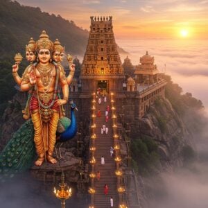 A majestic aerial view of Palani Hills during sunrise, with the golden-domed Palani Murugan Temple perched atop, surrounded by misty clouds. Lord Murugan stands tall in the foreground, depicted in his characteristic pose with six faces and twelve hands, holding his vel (divine spear) in the primary right hand, with other hands holding various divine weapons. He wears traditional silk dhoti in deep red and gold, adorned with intricate jewelry. His peacock mount is perched beside him, its feathers displaying magical iridescent colors. The temple architecture features intricate Dravidian style with ornate gopurams in rich maroon and gold, with detailed stone carvings visible. Multiple stone steps leading to the temple are illuminated by traditional brass lamps, creating a mystical pathway through morning mist. Devotees in traditional attire are seen climbing these steps. The scene combines photorealistic temple architecture with ethereal lighting and surreal elements, rendered in a style merging traditional Indian art with modern digital aesthetics. The color palette focuses on deep golds, saffron, peacock blues, and misty purples.