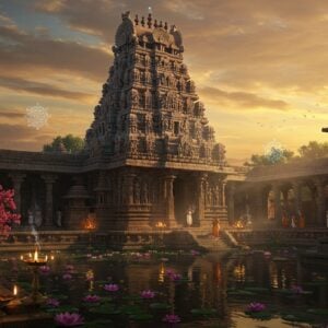 A majestic ancient Shiva temple with intricate Dravidian architecture, rising against a mystical dawn sky with golden-orange hues. The temple's main tower (gopuram) features detailed stone carvings of deities and celestial beings in Madhubani art style. The foreground shows a serene sacred pool with lotus flowers, reflecting the temple's ornate structure. Divine light streams through the temple's pillared corridors, creating dramatic shadows and highlighting the intricate architectural details. Surrounding the temple are blooming frangipani trees and traditional oil lamps. The scene incorporates floating mandalas and sacred geometric patterns in soft glowing blues and golds. The temple stones have a weathered, authentic texture but maintain a magical luminescence. The composition includes small details like incense smoke swirling in artistic patterns and devotees in traditional attire performing rituals from a respectful distance. The overall color palette combines deep maroons, ancient stone grays, and warm golds, with ethereal blue accents. Photorealistic digital art style with elements of traditional Indian art forms, emphasizing architectural grandeur and spiritual ambiance.