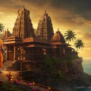 A majestic temple complex on a coastal cliff, merging Goan and Kerala architectural styles, with stepped roofs and copper-topped spires rising against a dramatic sunset sky. Lord Parshuram stands in the foreground, depicted as a muscular Indian sage with matted locks, wearing saffron dhoti, sacred thread across his chest, wielding his signature battle axe in his right hand and a sacred text in his left. The scene is illuminated by warm golden light, with the Arabian Sea's turquoise waters visible below. Intricate Madhubani-style patterns decorate the temple walls in deep maroon and peacock blue. Traditional Kerala oil lamps and Goan brass bells frame the entrance. Lotus flowers float in a sacred pond nearby, while coconut palms sway in the breeze. The scene features ethereal mist, creating a mystical atmosphere with subtle mandala patterns in the sky. The art style combines hyperrealistic digital rendering with traditional Indian art elements, emphasizing both grandeur and spirituality. The color palette includes deep gold, terracotta, ocean blue, and sacred saffron.