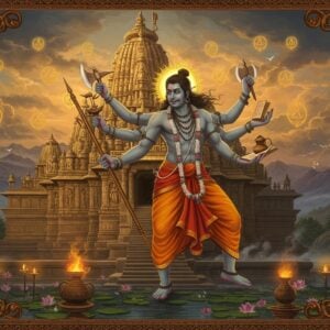 A majestic scene depicting Lord Parshuram in dynamic pose, wielding his divine parashu (battle axe) in his right hand and holding vedic scriptures in left hand, dressed in saffron dhoti with upper body bare except for sacred thread, matted hair styled in jata, intense facial expression with third eye prominent. Behind him stands a grand ancient stone temple with intricate Dravidian architecture, adorned with detailed carvings of his legends. The temple steps lead to a sacred water body. Multiple golden halos emanate from his form. The background features misty mountains where he performed tapasya. Scene includes symbolic elements - a glowing parashu, lotus flowers, and vedic yantra patterns floating ethereally. Art style merges traditional Pattachitra techniques with modern digital art, using rich colors of deep saffron, gold, and peacock blue. The lighting is dramatic with divine rays breaking through clouds, creating a mystical atmosphere. The composition maintains historical accuracy while having a contemporary, sophisticated aesthetic appeal. The entire scene is framed within an ornate mandala border with axe motifs.