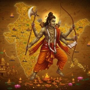 A majestic portrayal of Lord Parshuram in a dynamic pose, wielding his divine Parashu (axe) in his upper right hand, bow in upper left hand, arrow in lower right, and sacred texts in lower left hand. He appears with his characteristic matted hair, sacred thread, and saffron dhoti. Behind him, a stylized map of India emerges, rendered in gold intricate Madhubani patterns. Sacred sites like Renuka Lake, Parshurama Kshetra, and the Western Ghats are depicted as glowing golden points connected by ethereal light trails. The foreground features a detailed mandala pattern incorporating miniature temple spires, lotus flowers, and Vedic symbols. The color palette combines deep saffron, ocean blue, and burnished gold. Soft divine light emanates from Parshuram's form, illuminating the sacred geography. The scene is rendered in a fusion of traditional Pattachitra art style with modern digital sophistication, creating a mystical, map-like quality while maintaining religious authenticity. Floating lotus petals and sacred symbols add movement and spirituality to the composition.