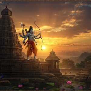 A majestic scene depicting Lord Parshuram in dynamic pose, six-armed figure wielding his signature parashu (battleaxe) in his main right hand, bow in left hand, other hands holding arrows, sword, and shield. He appears youthful with matted locks, wearing saffron dhoti and sacred thread, standing atop a hilltop temple resembling Karnataka's Hoysala architecture with intricate stone carvings. The temple features ornate stepped vimana, detailed wall reliefs, and traditional South Indian architectural elements. The background showcases a mystical sunset with deep oranges and purples, casting dramatic shadows. Sacred lotus flowers float in a nearby temple pond, reflecting golden light. Intricate Madhubani-style patterns frame the scene, incorporating traditional motifs like peacocks and mangoes. The lighting is ethereal with divine rays breaking through clouds, illuminating the temple structure. The scene has a hyperrealistic digital art style with careful attention to architectural details, textures, and lighting effects. The atmosphere conveys both historical grandeur and spiritual significance.