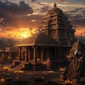 A mystical aerial view of ancient Patali Srikhetra temple complex at twilight, with intricate Kalinga architecture style, dominated by a massive curvilinear shikhara adorned with detailed stone carvings. The temple grounds feature ornate stone pillars with traditional Odishan motifs. In the foreground, a beautifully detailed stone statue of Lord Jagannath in black stone stands prominently. The scene is illuminated by multiple floating diyas creating a warm golden glow, their light reflecting off the temple's weathered stones. Ancient palm-leaf manuscripts and sacred artifacts scatter around the temple base. The sky features a dramatic sunset with deep oranges and purples, with ethereal rays of light breaking through clouds. Mystical elements include translucent, ghostly figures of ancient sages performing rituals, and subtle mandala patterns in the air. The entire scene is rendered in a fusion of traditional Pattachitra art style with modern digital techniques, featuring rich colors like deep maroon, saffron, and peacock blue. The atmosphere suggests both antiquity and divine presence, with subtle golden particles floating in the air.