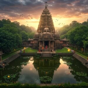 A breathtaking aerial view of Patali Srikhetra temple complex nestled amidst lush green forests and rolling hills, captured during golden hour. The ancient stone temple architecture features intricate Kalinga-style carvings, with the main spire reaching towards a dramatic sky filled with soft pink and orange clouds. In the foreground, a serene pond reflects the temple's image, surrounded by blooming lotus flowers and traditional Indian stone steps (ghats). Small groups of pilgrims in traditional Odiya attire walk along stone pathways lined with ancient banyan trees. The scene incorporates mystical elements with subtle golden light rays filtering through the trees, creating a ethereal atmosphere. The landscape shows the confluence of rivers with crystal-clear waters, surrounded by medicinal herbs and natural flora native to Odisha. The art style combines hyperrealistic digital photography with traditional Pattachitra art elements, using a rich color palette of deep greens, earthy browns, and warm golds, with touches of peacock blue in the water bodies. Soft glowing orbs of light float near the temple, suggesting divine presence. The overall composition emphasizes the sacred yet natural beauty of the location.