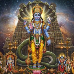 A majestic portrayal of Lord Perumal (Vishnu) in a celestial setting, standing tall on a thousand-headed serpent Adisesha against a cosmic backdrop filled with swirling galaxies and ethereal light. The deity has four arms - upper right holding the Sudarshana Chakra emanating golden energy, upper left holding the white conch shell Panchajanya with divine vibrations, lower right hand in Abhaya mudra, and lower left hand holding a lotus flower. He wears a magnificent golden crown adorned with precious gems, elegant peacock feathers, and temples bells. His skin is deep blue like rain-clouds, dressed in rich yellow silk dhoti with intricate golden thread work. Multiple ornaments including the celestial Kaustubha gem on his chest, Vanamala (forest garland), and golden sacred thread across his torso. The background features a massive ornate temple gopuram with traditional South Indian architecture, decorated with hundreds of small oil lamps. Soft rays of divine light emanate from his form, while celestial beings shower flower petals from above. At his feet are smaller scenes showing his various avatars like Rama, Krishna, and Narasimha in Madhubani art style. The overall composition combines hyperrealistic digital art with traditional Indian temple art elements, creating a sense of divine protection and cosmic harmony.