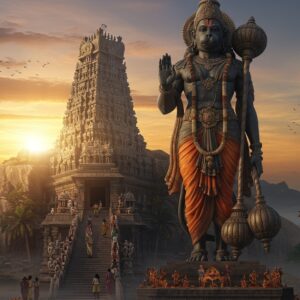 A majestic 18-foot tall Hanuman statue carved in black stone, standing in a powerful tribhanga pose against the backdrop of the iconic Namakkal rock fort at sunrise. The deity wears traditional vermillion and sandalwood paste markings, with a flowing orange dhoti and golden ornaments. His right hand is raised in blessing while his left hand holds the Sanjeevani mountain. The scene is surrounded by intricate Madhubani-style borders featuring miniature depictions of devotees climbing the temple steps. The lighting is mystical with golden sun rays filtering through morning mist, creating a divine aura around the statue. Floating lotuses and bells in warm golden hues frame the composition. The color palette includes deep maroons, saffron, and copper tones with hints of dawn's pink and purple in the sky. The art style combines hyperrealistic 3D rendering with traditional South Indian temple architecture details. The atmosphere conveys both devotional serenity and architectural grandeur.