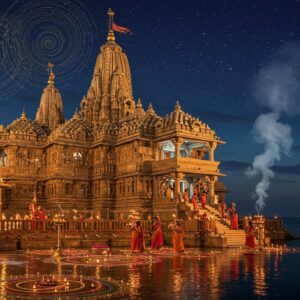 A majestic night scene of the Somnath Temple illuminated by moonlight and traditional oil lamps, with its intricate spires reaching towards a star-filled sky decorated with swirling golden mandalas. The temple's reflection shimmers in the Arabian Sea waters below, creating a mirror effect. In the foreground, a group of devotees in traditional Indian attire perform aarti with brass lamps creating concentric circles of golden light. The scene features detailed Gujarati architectural elements with ornate carvings of Lord Shiva's stories. Soft ethereal light emanates from the temple's sanctum, suggesting divine presence. Traditional Gujarati rangoli patterns made with flowers and lights lead to the temple entrance. The color palette combines deep blues of the night sky, warm golden temple lights, and occasional touches of saffron and silver. The art style merges photorealistic architecture with ethereal, spiritual elements, featuring detailed texturing on the temple's ancient stone walls and subtle glowing effects around the sacred spaces. Smoke from incense creates mystical patterns in the air, lit by moonbeams.