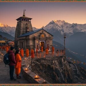 A serene panoramic view of the Mukteshwar Mahadev temple perched on a Himalayan cliff edge, with snow-capped peaks in the background. The ancient stone temple glows with warm golden light from within, while Lord Shiva's trishul emerges from its spire, radiating divine energy. In the foreground, a young Indian couple in modern winter hiking gear (maroon puffer jacket, navy backpack) blends seamlessly with traditional pilgrims in saffron shawls. Prayer flags flutter in the mountain breeze, creating leading lines toward the temple. The scene features intricate Madhubani-style border patterns with traditional motifs of lotus and Om symbols. The lighting creates a mystical atmosphere with soft sunset hues of orange and purple in the sky, while small oil lamps create pools of warm light along the temple steps. A subtle mandala pattern overlays the entire scene like a spiritual filter, with peacock blue and gold accents. The composition includes practical elements like walking sticks and water bottles artistically arranged in the corner, styled in the same ornate artistic pattern.