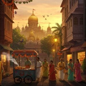 A vibrant street scene in Mumbai's Prabhadevi area, featuring the iconic golden-domed Siddhivinayak Temple in the soft background distance, rendered in traditional Madhubani art style with modern digital aesthetics. In the foreground, a detailed cityscape unfolds with local elements - a stylized traditional food cart selling vada pav with steam rising, an elegant old Portuguese-style building with intricate wooden balconies, and a modern high-rise adorned with traditional Indian patterns. Characters include modern Indians in contemporary clothing walking alongside those in traditional attire. The scene is illuminated by warm golden sunset light, creating long shadows and a magical atmosphere. Decorative elements include floating mandalas, peacock motifs, and lotus patterns integrated into the architecture. The color palette features deep maroon, saffron, peacock blue, and gold, with intricate patterns flowing throughout the composition. Small details like hanging marigold garlands, floating incense smoke, and contemporary cafes blend the traditional with the modern. The art style maintains photorealistic proportions while incorporating decorative Indian art elements, creating a dreamy yet grounded aesthetic.