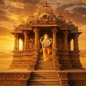 A majestic ancient sandstone temple emerging from golden desert dunes at sunset, with intricate Rajasthani architectural details and carved pillars in warm ochre tones. Lord Parshuram in dynamic pose wielding his signature parashu (battle axe) in his right hand and sacred texts in left hand, dressed in saffron dhoti with rudraksha malas. His figure glows with divine aura in soft golden light. Temple entrance features detailed relief sculptures depicting scenes from Parshuram's legends. Foreground shows desert landscape with weathered stone steps leading to temple, decorated with traditional Rajasthani motifs and patterns. Background reveals distant sand dunes in deep orange hues with dramatic cloud formations. Sacred lotus flowers float mysteriously above temple spires. Ethereal light rays filter through temple arches. Scene combines photorealistic texturing with magical surreal elements, styled in rich Rajasthani color palette of deep oranges, browns, and golds. Architectural details show influence of both Madhubani and modern digital art techniques. Scene should convey both historical grandeur and mystical spirituality.