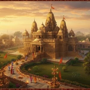 A majestic aerial view of the grand Ram Mandir in Ayodhya, rendered in a fusion of traditional Indian and modern architectural styles, gleaming with golden spires against a dawn sky filled with soft saffron and rose-gold clouds. The temple structure features intricate carved details in warm sandstone, with multiple shikhars rising harmoniously. In the foreground, a flowing path lined with traditional brass diyas and marigold flowers leads to the temple entrance. Devotees in traditional Indian attire are seen walking reverently along the path. The scene is illuminated by both natural sunlight and the warm glow of oil lamps, creating a divine atmosphere. Surrounding the temple are beautiful gardens with sacred tulsi plants and lotus ponds. The overall composition combines Madhubani-style decorative elements in the borders with modern digital art techniques, using a color palette of deep saffron, gold, terra cotta, and celestial blue. Sacred symbols like the Om symbol and swastikas are subtly incorporated into the architectural details. The atmosphere conveys both spiritual significance and architectural grandeur, with soft light rays filtering through the morning mist, creating a ethereal, blessed ambiance.