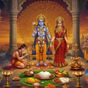 A grand temple courtyard during sunset with Lord Ram, Sita, Laxman, and Hanuman in divine forms against a massive ornate golden mandala backdrop. Lord Ram in royal blue attire holds bow in right hand and arrow in left, adorned with intricate gold jewelry. Sita Mata in rich red silk saree with gold border stands gracefully beside him. Multiple brass diyas with glowing flames float in the foreground. Traditional Ram Navami feast laid out on banana leaves - including yellow sweet rice, fruits, and prasad. Devotees in colorful traditional attire performing aarti with silver thalis decorated with marigold flowers. Intricate Madhubani-style border patterns frame the scene. Soft rays of golden light filtering through temple pillars create a ethereal atmosphere. Small vignettes in corners showing regional celebrations - boats decorated with lights in Ayodhya, traditional Ram Leela performers, and women drawing rangoli with ram darbar motifs. Color palette dominated by deep maroons, royal blues, saffron, and gold with hints of peacock blue. Photorealistic style merged with traditional Indian art elements, emphasis on divine glow and spiritual ambiance.