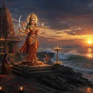 A serene coastal temple complex at twilight, dedicated to Goddess Ramachandi depicted as a powerful eight-armed deity in a golden-orange silk saree, standing on a lotus pedestal. She holds a sword, shield, trident, lotus, conch, bow, arrow, and a bell in her hands, adorned with intricate gold jewelry and a radiant crown. The temple architecture features traditional Kalinga-style with intricate carvings, surrounded by crashing waves of the Bay of Bengal. The foreground shows devotees offering red hibiscus flowers. The scene is illuminated by warm golden light from oil lamps, creating dramatic shadows. Mystical elements include ethereal blue mist, floating lotus petals, and circling seabirds. The background showcases a dramatic sunset with deep oranges and purples reflecting on the water. Art style combines hyperrealistic digital rendering with traditional Pattachitra patterns, emphasizing ornate details and rich, deep colors. The atmosphere is mystical and powerful, with subtle mandala patterns in the sky.