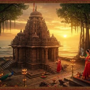 A majestic aerial view of an ancient Ramachandi temple complex at sunset, set against the backdrop of the Bay of Bengal with golden-orange waves. The main temple features intricate Kalinga architecture with detailed carved spires and a conical tower adorned with traditional Odishan motifs. A beautifully dressed Indian female devotee in a crimson silk saree with gold border performs aarti on the temple steps, holding a brass thali with glowing diyas. The scene is illuminated by warm, ethereal light, with floating lotus petals and incense smoke creating a mystical atmosphere. In the background, sacred banyan trees with hanging roots frame the temple, their leaves catching the golden light. Traditional Pattachitra-style borders with intricate patterns in deep maroon and gold embellish the scene. The foreground features oil lamps and marigold garlands, while peacocks roam the temple courtyard. Digital art style merging photorealistic textures with traditional Odisha art elements, emphasizing rich colors like deep red, gold, and ocean blue, with a soft ethereal glow throughout the composition.