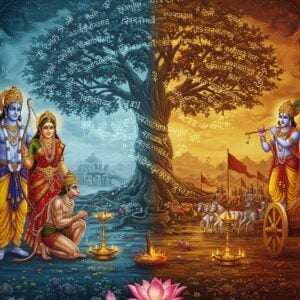 A grand, ethereal composition split diagonally into two distinct yet harmonious halves. On the left, Lord Rama stands majestically in royal blue attire, wielding his divine bow Sharanga, with Hanuman kneeling devotedly beside him. Sita stands gracefully behind, adorned in a red silk saree with gold embellishments. On the right, Krishna stands in his iconic pose with the flute, wearing a golden pitambara, while Arjuna draws his Gandiva bow on a chariot. The background features intricate Madhubani-style patterns, with the left side showcasing the golden bridge to Lanka and the right depicting the Kurukshetra battlefield. A massive tree of wisdom grows at the center, its branches intertwining both scenes, with glowing Sanskrit verses flowing like golden light through its leaves. Floating mandalas and lotus motifs frame the composition, while mystical light rays in saffron and blue illuminate the scene. The art style combines hyperrealistic character rendering with traditional Indian art patterns, featuring rich jewel tones of peacock blue, royal gold, deep maroon, and emerald green. Ethereal particles and subtle sacred geometry patterns float throughout the composition, creating a magical, timeless atmosphere.