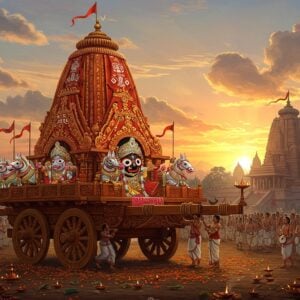 A majestic scene depicting Lord Jagannath's massive wooden chariot during sunset, standing 45 feet tall, intricately carved with traditional Odishi patterns in gold and crimson. The chariot features detailed wooden horses and multiple ornate wheels with sacred geometric patterns. Lord Jagannath, with his large circular eyes and enigmatic smile, is visible through an elaborately decorated window, accompanied by Lord Balabhadra and Devi Subhadra. Thousands of devotees in traditional Indian attire (kurtas, dhotis, and sarees in saffron, white, and yellow) pull the thick sacred ropes. The foreground shows scattered marigold and lotus petals, with floating diyas creating a magical ambiance. The sky features soft pastel clouds with hints of saffron and gold, while peacock-blue temple spires are visible in the background. The scene incorporates Pattachitra art style elements with modern digital rendering, showing intricate details of jewelry, fabrics, and architectural elements. Divine rays of light break through clouds, illuminating the entire procession. Small groups of traditional Odissi dancers and musicians with mridangams and conch shells add movement to the scene.