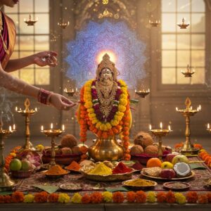 A serene indoor temple scene with soft golden light streaming through ornate windows, showing a beautiful Indian woman in a rich maroon silk saree performing an elaborate puja ritual. On a traditional brass altar decorated with intricate Madhubani-style patterns, various sacred offerings are artistically arranged: fresh marigolds and lotus flowers, lit ghee lamps, vermillion kumkum, yellow turmeric powder, fresh fruits, and coconut. Smoke wisps from copper incense holders create ethereal patterns in the air. The background features a large, glowing mandala with concentric patterns in peacock blue and gold. Multiple brass diyas cast a warm, divine glow on the scene. The woman's hands are positioned in a mudra of offering, adorned with alta and gold bangles. Floating above the altar are translucent, spiritual symbols in soft pastel hues. The overall composition has a mystical quality with meticulously detailed traditional elements merged with modern digital art aesthetics. The lighting emphasizes the sacred atmosphere with gentle lens flares and subtle golden particles in the air.