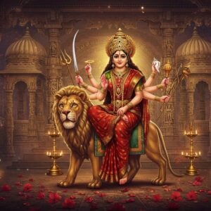 A majestic, ethereal scene of Goddess Durga in her divine form, seated on her lion mount against a grand ancient temple backdrop. The Goddess has ten arms holding traditional weapons - Trishul, sword, chakra, conch, bow, arrow, lotus, and bell - each detailed in gleaming gold. She wears a rich red and gold silk saree with intricate Madhubani-style border patterns. Her face radiates divine beauty with a serene expression, adorned with a golden crown featuring intricate filigree work. The temple architecture combines elements from various famous Durga temples, featuring ornate carved pillars, domed spires, and detailed stone sculptures. Soft golden light filters through temple windows, creating a mystical atmosphere. The foreground shows scattered red hibiscus flowers and lit brass lamps. The scene includes subtle floating mandalas and sacred geometric patterns in the background. The color palette emphasizes deep maroons, royal golds, and peacock blues, with a ethereal glow throughout. The art style merges traditional Pattachitra techniques with modern digital aesthetics, creating a harmonious blend of ancient and contemporary elements. The lion mount appears majestic and protective, with detailed mane and royal decorations.