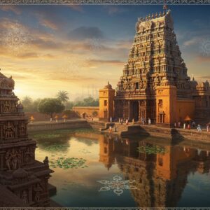 A majestic aerial view of Thanjavur's Brihadeeswara Temple at golden hour, its massive 216-foot vimana casting long shadows across intricate Chola-era stone carvings. The temple's reflection shimmers in a lotus-filled sacred tank. In the foreground, a detailed Dravidian gopuram rises with intricate sculptures of deities and mythological figures, adorned with vibrant traditional colors. Mystical rays of light filter through morning mist, illuminating dancing stone apsaras. The scene includes floating mandalas and kolam patterns in glowing gold against a deep peacock blue sky. Small groups of devotees in traditional Tamil attire circumambulate the temple. The artwork merges hyperrealistic architectural details with ethereal elements - swirling energy patterns, translucent sacred geometry, and floating lotus petals. The color palette features rich earth tones, deep maroons, and burnished golds, with accents of turquoise and saffron. Intricate Madhubani-style patterns adorn the borders, while the overall composition maintains a serene, spiritually uplifting atmosphere with soft volumetric lighting and a touch of divine radiance.