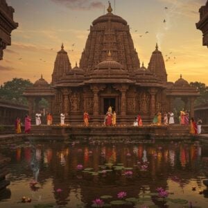 A majestic temple architecture at dusk with intricate Kalinga-style carved spires rising against a mystical golden-purple sky. The main temple structure features detailed sandstone carvings of Lord Krishna and Radha, illuminated by warm temple lamps. In the foreground, a serene pond reflects the temple's image, surrounded by blooming lotus flowers and floating diyas. Traditional Odisha-style stone pillars frame the scene, adorned with intricate Madhubani-style patterns in gold and deep maroon. Devotees in traditional Odiya attire (white and red bordered sarees for women, white dhotis for men) circumambulate the temple with offering plates. Soft ethereal light emanates from the temple sanctum, creating a divine aura. The scene incorporates elements of both traditional Pattachitra art style and modern digital aesthetics, with detailed architectural accuracy of Kalinga temple architecture. The atmosphere is mystical with subtle swirls of incense smoke, peacock feathers, and floating flower petals. The lighting is warm and golden, with focal highlights on the temple spires and reflections in the water.