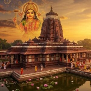 A majestic aerial view of the Samaleswari Temple at golden hour, its traditional Kalinga architecture rendered in deep maroon and pristine white, rising against a vibrant sunset sky in shades of saffron and deep purple. The temple's shikhara is adorned with intricate Odishan patterns and motifs glowing with divine light. In the foreground, a serene water body reflects the temple's image, surrounded by blooming lotus flowers in pink and white. Goddess Samaleswari appears as a divine, ethereal form above the temple, eight-armed, wearing a red silk saree with gold border, adorned with traditional Odisha-style gold jewelry, her face radiating divine peace and power. Sacred flames from brass diyas float around her form. The scene is enhanced with delicate mandala patterns in gold floating in the air, while devotees in traditional Odishan attire perform parikrama around the temple. The artistic style combines hyperrealistic architectural details with ethereal spiritual elements, rendered in rich, deep colors typical of Pattachitra art but with modern digital finishing.