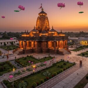 A majestic aerial view of Samaleswari Temple with its traditional Kalinga architecture style, featuring intricate carved spires and domes in red sandstone, seamlessly blending with modern glass and steel structures surrounding it. The temple complex shows a perfect harmony between ancient and contemporary elements, with modern landscaped gardens featuring traditional lotus ponds. The main shrine glows with warm golden light while modern LED lighting illuminates the pathways and architectural features. Traditional Odisha style mandalas and patterns are etched into new marble walkways. The scene is captured during sunset, with soft orange and purple hues in the sky, creating a ethereal atmosphere. Modern devotees in traditional attire can be seen walking through the contemporary promenade. Sacred bells and metalwork details shine with both traditional and contemporary finishing. The composition should include floating lotuses, peacock motifs, and geometric patterns merging traditional Odisha art with digital art style, rendered in photorealistic detail with cinematic lighting.