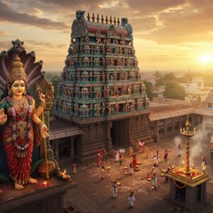 A majestic aerial view of Samayapuram Mariamman Temple during sunset, with the main gopuram adorned in vibrant Dravidian architecture, decorated with intricate sculptures painted in gold, red, and blue. The temple structure features traditional South Indian architecture with detailed carvings of deities and mythological scenes. In the foreground, a beautifully detailed Goddess Mariamman idol in her characteristic red and gold attire, wearing a grand crown adorned with nagas (serpents), holding a trident in her right hand and a bowl in her left. The temple courtyard shows devotees performing ritual circumambulation with lit camphor plates, creating a magical pattern of golden lights. Smoke from burning camphor creates an ethereal atmosphere, with rays of golden sunlight filtering through. The scene includes traditional kolam patterns on the ground, temple elephants with decorative headgear, and flowering neem trees in the background. The art style combines hyperrealistic digital rendering with traditional Tanjore painting elements, featuring rich jewel tones, metallic gold accents, and a mystical atmospheric quality.