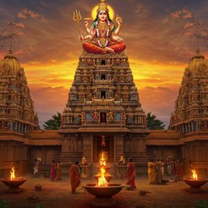 A majestic temple complex at dusk with three distinct Dravidian-style Samayapuram Mariamman temples arranged in a triangular composition, each with ornate golden vimanams reaching skyward. The central temple, larger and more elaborate, features traditional red and white striped walls and intricate sculptural details. The goddess Mariamman appears as a powerful, ethereal figure above each temple, depicted with four arms, wearing a red silk saree with gold border, adorned with traditional Tamil temple jewelry, and holding a trident and protective mudra gestures. Sacred fire pots (agni kundam) burn at each temple entrance, emanating a warm golden glow. The foreground shows devotees performing circumambulation with turmeric and kumkum offerings. The scene is enhanced with blooming neem leaves and margosa branches, traditional symbols of the goddess. The sky features mystical swirls of turmeric yellow and vermillion clouds, creating a divine atmosphere. The art style combines hyperrealistic architectural details with ethereal, spiritually-inspired elements, rendered in rich, deep colors of gold, saffron, and crimson, with intricate Madhubani-inspired patterns adorning the temple walls.