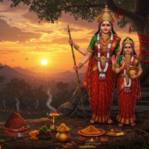 A majestic scene depicting two tribal goddesses, Sammakka and Saralamma, standing atop the Medaram hills during sunset. The mother-daughter duo wearing traditional tribal attire with red borders, adorned with forest flowers and tribal jewelry. Sammakka holds her symbolic bamboo stick in her right hand and a pestle in her left, while Saralamma carries a pot of tribal medicine. Their faces radiate divine power with tilak marks. Behind them, a mystical forest landscape with ancient trees wrapped in red cloth offerings. The sky features warm oranges and deep purples, with ethereal light breaking through clouds. The foreground shows traditional tribal offerings of jaggery and bangaram (turmeric), arranged in a ceremonial pattern. Floating golden mandalas and sacred symbols frame the scene. The art style combines traditional Telangana tribal art patterns with modern digital aesthetics, featuring rich earth tones, deep reds, and forest greens. Soft glowing auras surround the goddesses, emphasizing their divine nature. Small details include flying birds, smoke from ritual fires, and devotees in distant background performing traditional tribal dances.