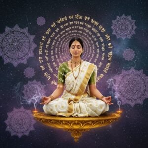 A serene Indian woman in a flowing white silk saree with gold border, seated in padmasana on a floating golden lotus platform, eyes closed in deep meditation. Ethereal Sanskrit syllables in ancient Devanagari script emanate from her in spiral patterns of shimmering gold light against a deep cosmic background. Multiple translucent mandalas of varying sizes float around her, each containing intricate Madhubani-style patterns in soft pastel hues of lavender, rose gold, and aqua. Sacred geometric patterns pulse with divine energy, while wispy tendrils of incense smoke form delicate curves in the air. The scene is illuminated by an otherworldly glow, with small points of light like stars scattered throughout. Traditional Indian motifs like peacocks and lotus flowers are subtly woven into the background patterns. The woman's face radiates peace and wisdom, with a small golden bindi and traditional Indian jewelry. The overall composition creates a harmonious blend of ancient spirituality and modern digital art aesthetics, with a strong focus on spiritual symbolism and meditative tranquility.