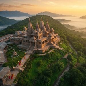 A serene aerial view of Saptashrungi temple complex nestled on a lush green hilltop, bathed in golden sunrise light, surrounded by seven peaks in the background. The temple architecture features traditional Maratha style with intricate carvings, rendered in a blend of photorealistic and Madhubani art style. In the foreground, modern guest houses and accommodation facilities with glass facades reflect the sunrise, surrounded by manicured gardens with blooming lotus ponds. Small groups of pilgrims in colorful traditional attire walk along well-lit stone pathways. The scene includes comfortable amenities like a meditation hall, dining area, and rest spaces. Soft morning mist partially shrouds the valley below, creating a mystical atmosphere. The color palette includes deep maroons, saffron, emerald greens, and touches of gold. Detailed architectural elements show both modern and traditional features, with glowing diyas and ornate brass lamps illuminating the pathways. The overall composition suggests a perfect blend of spiritual sanctity and modern comfort, with a ethereal, dreamy quality enhanced by soft lighting and atmospheric effects.